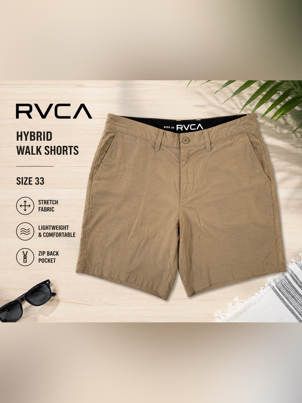 RVCA Khaki Hybrid Walk Shorts Men’s Size 33 Stretch Casual Surf Chino